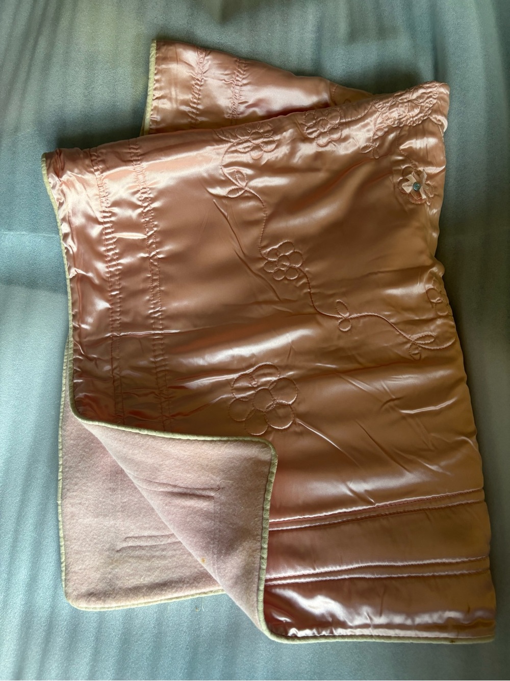 Vintage Quiltex Pink Satin Quilted Baby Blanket Crib Comforter Mid Century 35x45